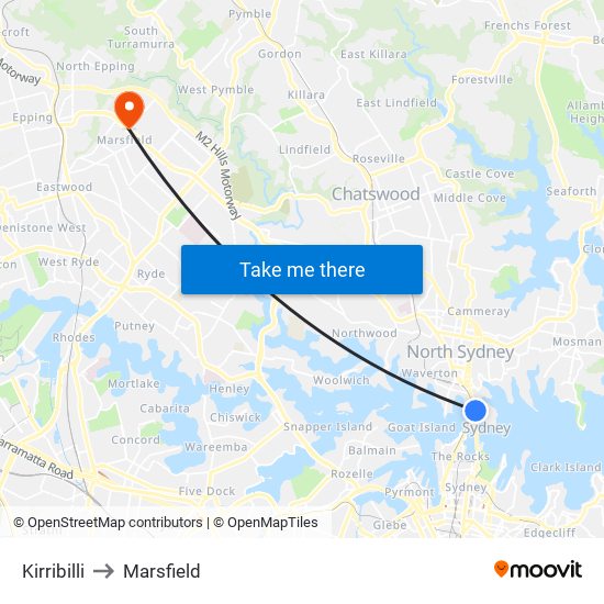 Kirribilli to Marsfield map