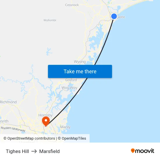 Tighes Hill to Marsfield map