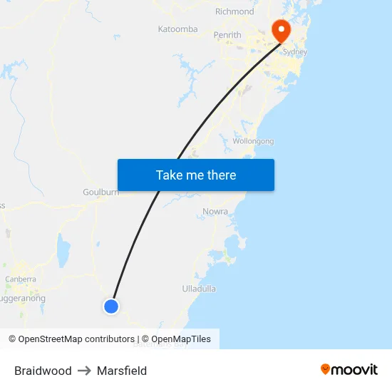Braidwood to Marsfield map