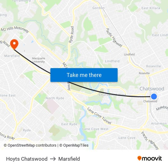 Hoyts Chatswood to Marsfield map