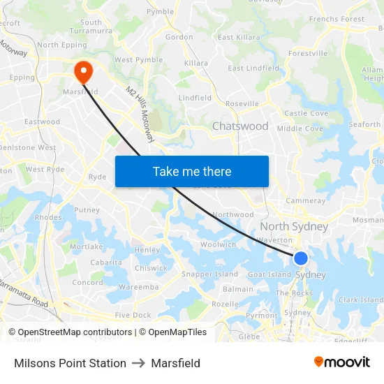 Milsons Point Station to Marsfield map