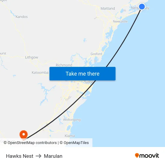 Hawks Nest to Marulan map