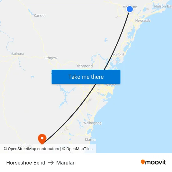 Horseshoe Bend to Marulan map