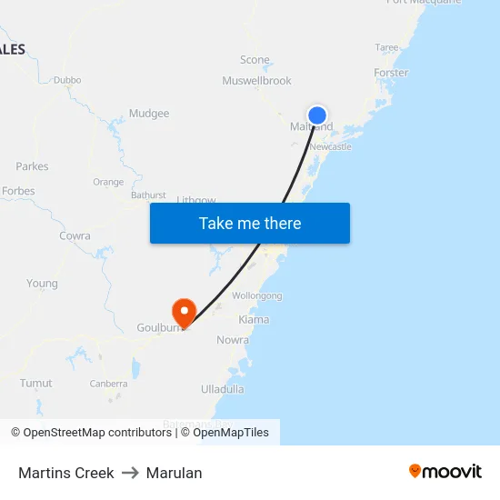 Martins Creek to Marulan map