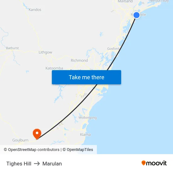 Tighes Hill to Marulan map