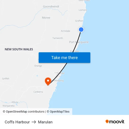 Coffs Harbour to Marulan map
