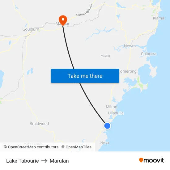 Lake Tabourie to Marulan map