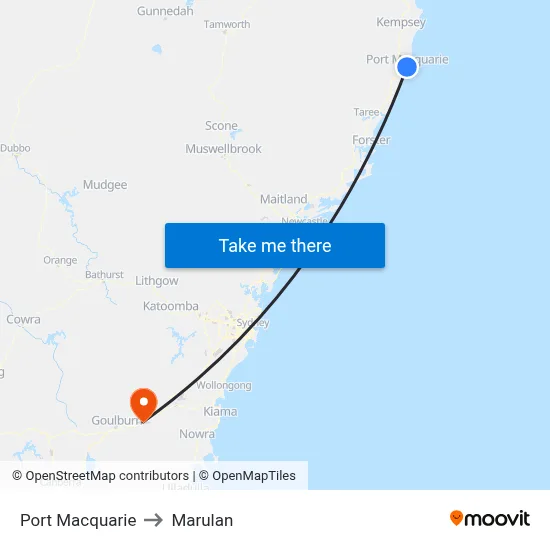 Port Macquarie to Marulan map
