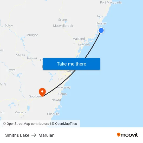 Smiths Lake to Marulan map