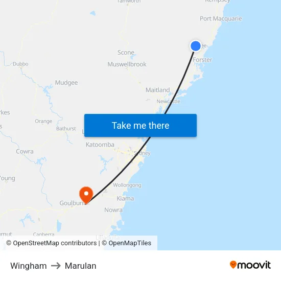 Wingham to Marulan map