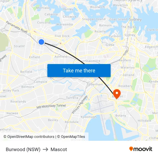 Burwood (NSW) to Mascot map