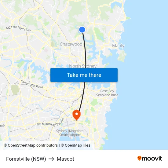 Forestville (NSW) to Mascot map