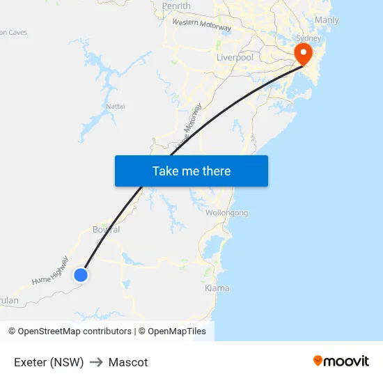 Exeter (NSW) to Mascot map
