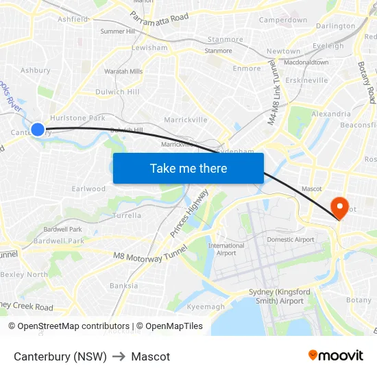 Canterbury (NSW) to Mascot map