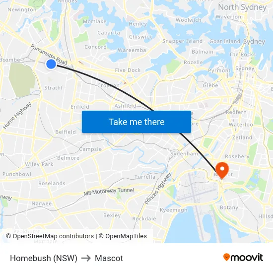 Homebush (NSW) to Mascot map
