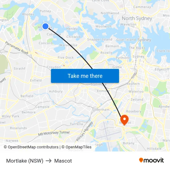 Mortlake (NSW) to Mascot map
