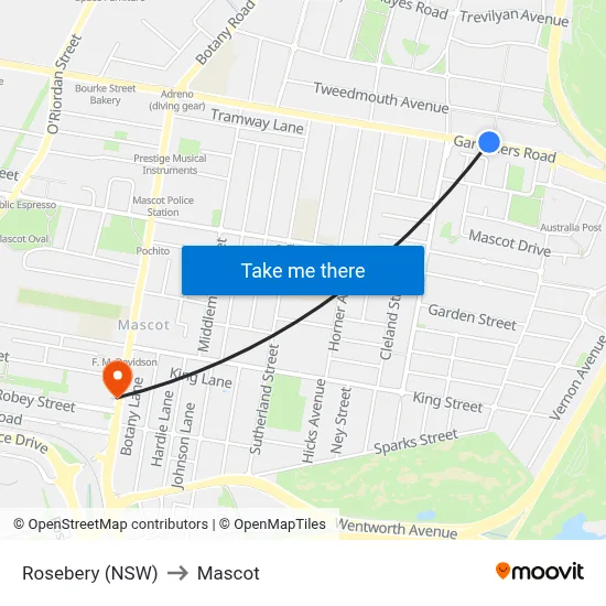 Rosebery (NSW) to Mascot map