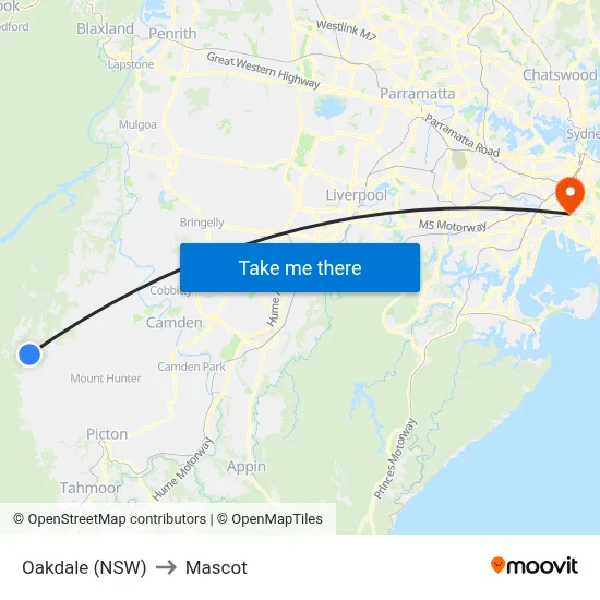 Oakdale (NSW) to Mascot map