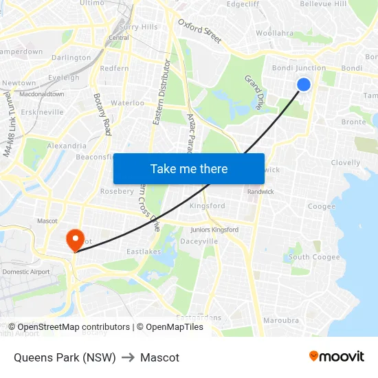 Queens Park (NSW) to Mascot map