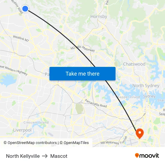 North Kellyville to Mascot map