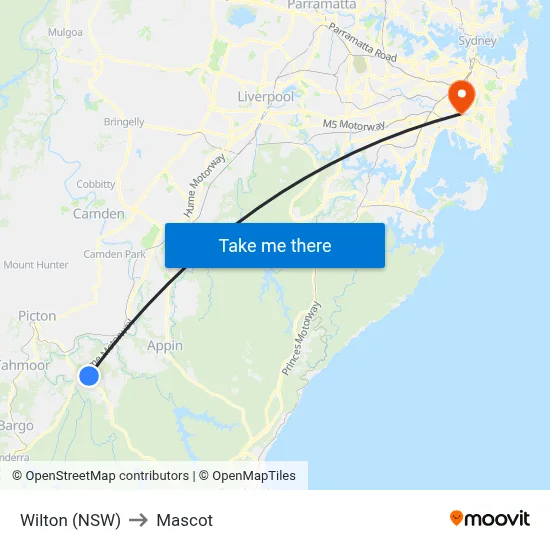 Wilton (NSW) to Mascot map