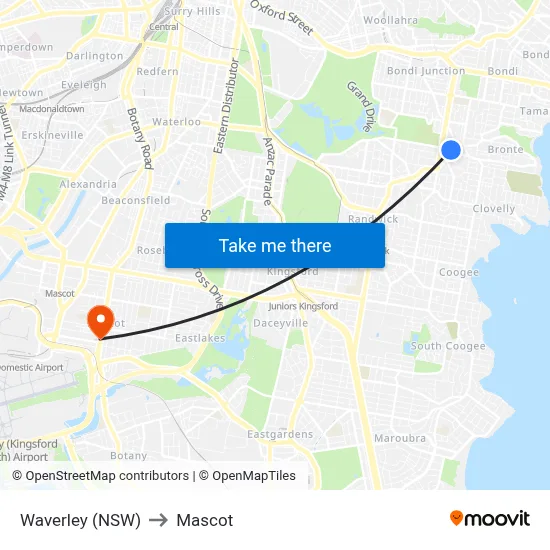 Waverley (NSW) to Mascot map
