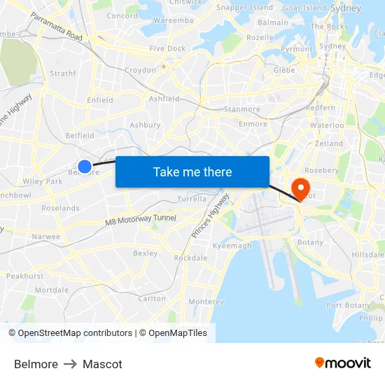 Belmore to Mascot map