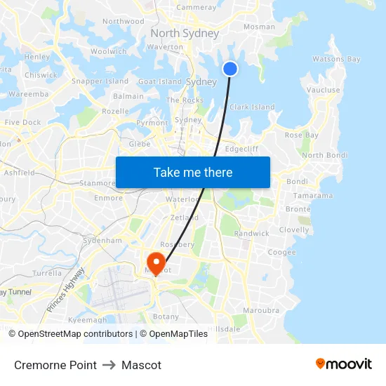 Cremorne Point to Mascot map