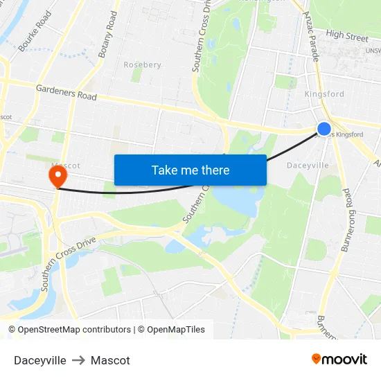 Daceyville to Mascot map