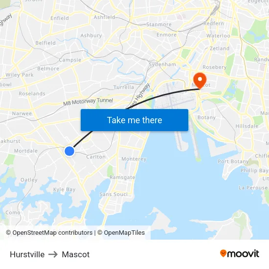 Hurstville to Mascot map