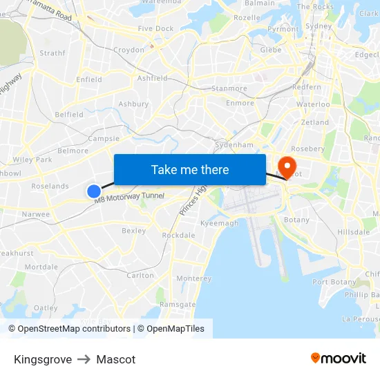 Kingsgrove to Mascot map