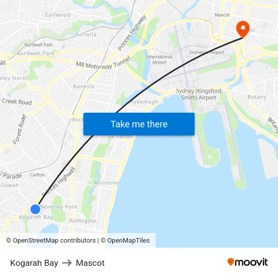 Kogarah Bay to Mascot map