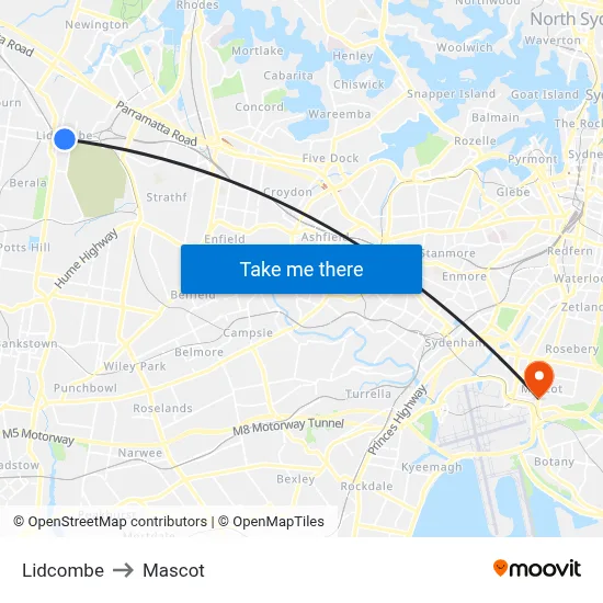 Lidcombe to Mascot map