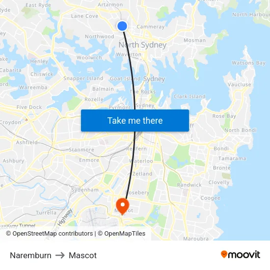 Naremburn to Mascot map