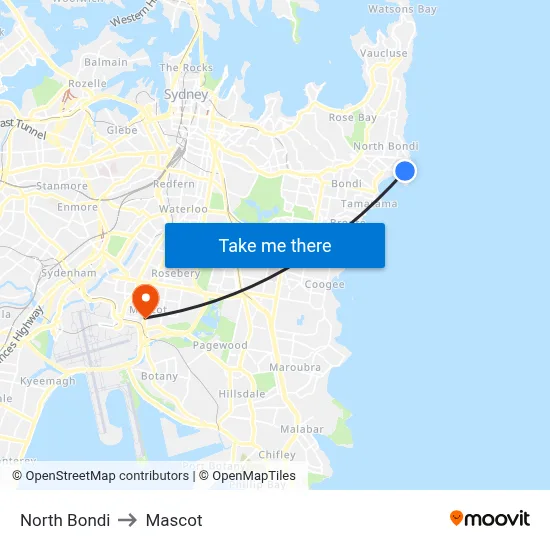 North Bondi to Mascot map