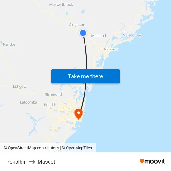 Pokolbin to Mascot map