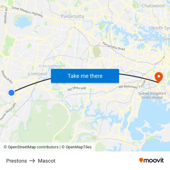 Prestons to Mascot map
