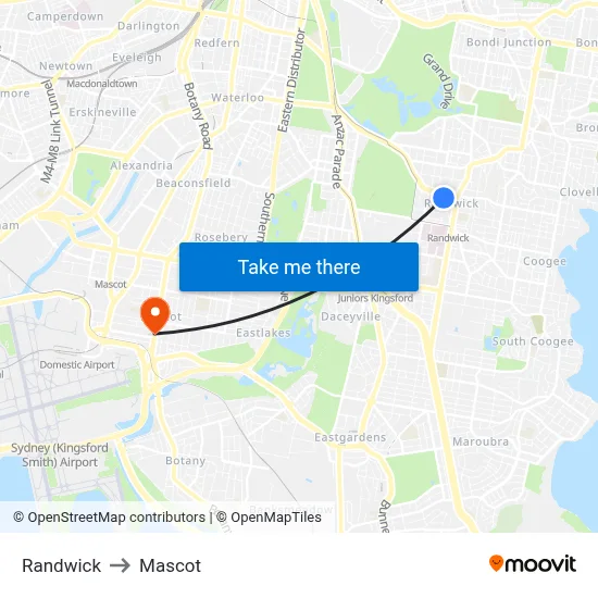 Randwick to Mascot map