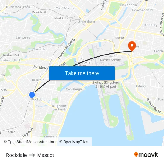 Rockdale to Mascot map