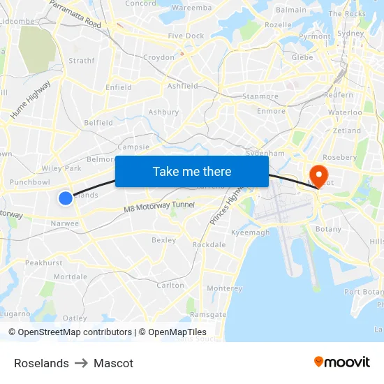 Roselands to Mascot map