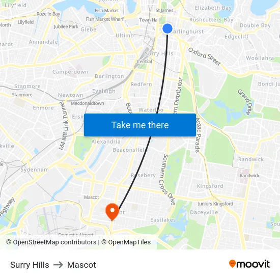 Surry Hills to Mascot map
