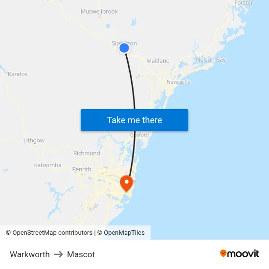 Warkworth to Mascot map