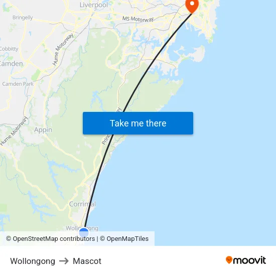 Wollongong to Mascot map