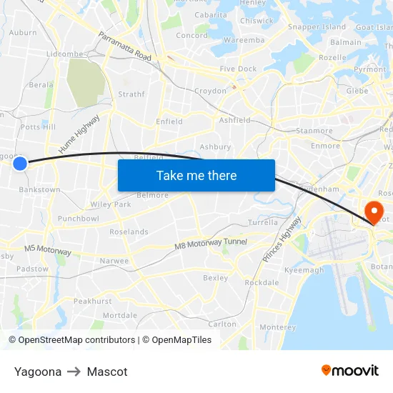 Yagoona to Mascot map