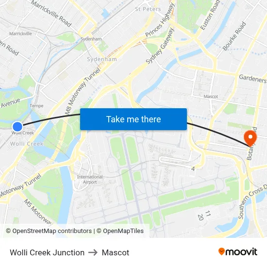 Wolli Creek Junction to Mascot map