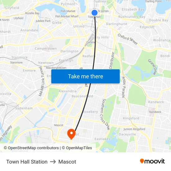 Town Hall Station to Mascot map