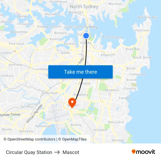 Circular Quay Station to Mascot map