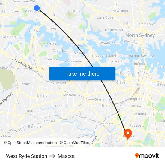 West Ryde Station to Mascot map