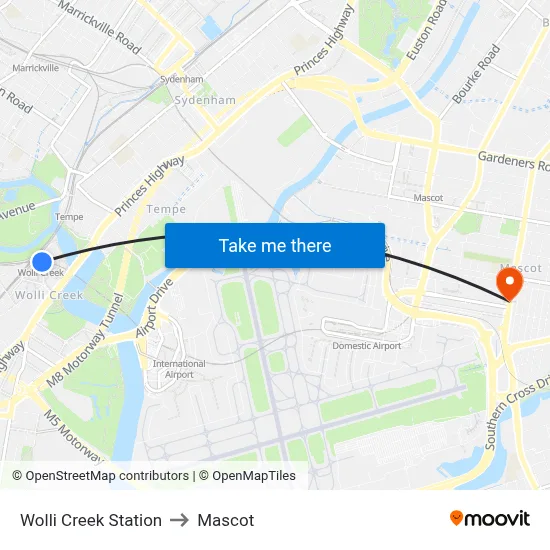 Wolli Creek Station to Mascot map