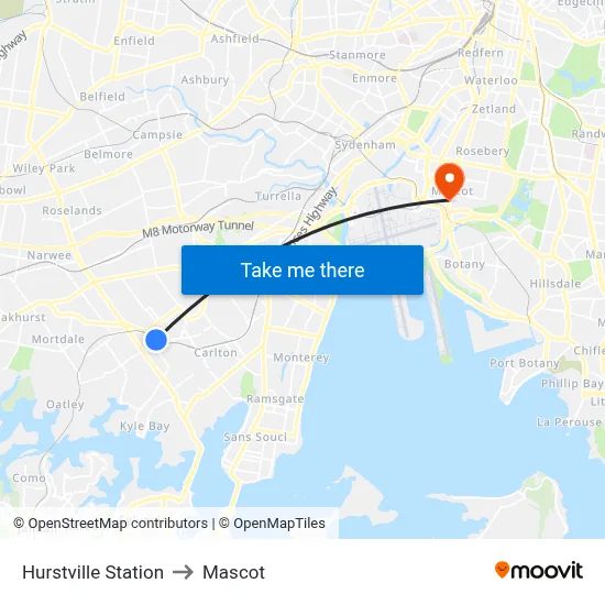Hurstville Station to Mascot map
